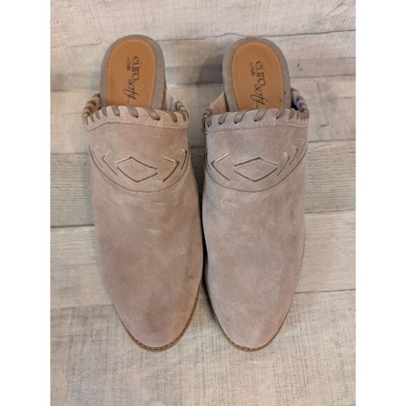 Taupe Eurosoft By Sofft Suede Mules  Embroidered Design Stacked Heel Size 9 - Picture 3 of 8